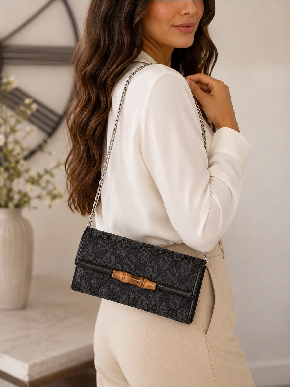 Gucci Black GG Canvas Bamboo Wallet on Chain